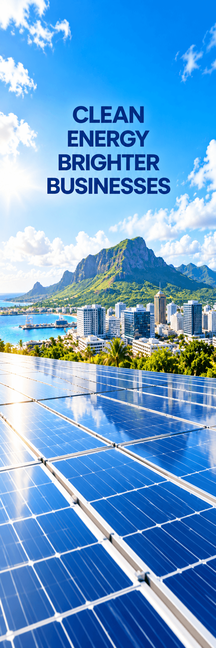 Commercial solar panels overlooking the Mauritian landscape