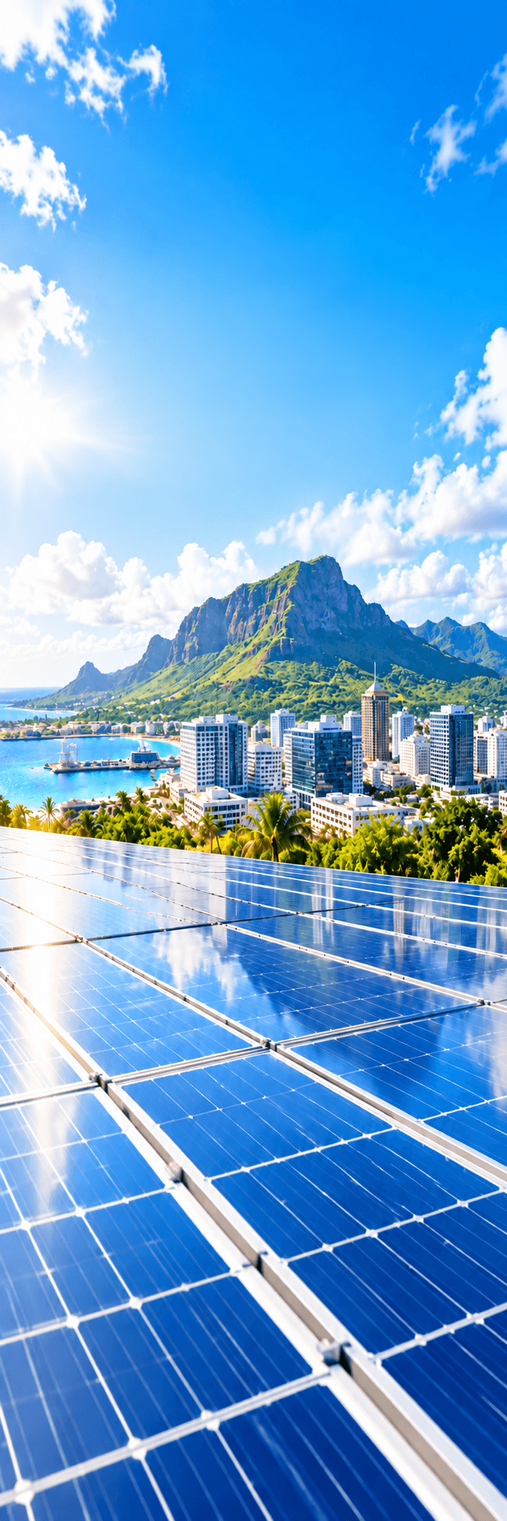 Commercial solar panels overlooking the Mauritian landscape