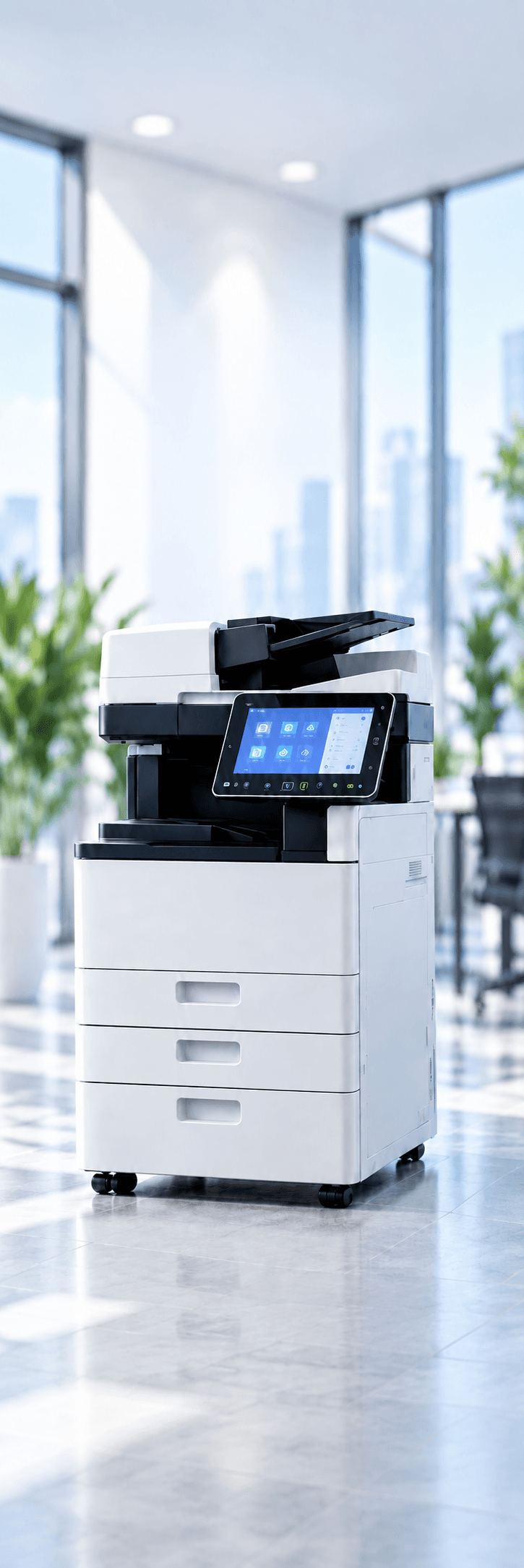 Modern multifunction office printers in a bright corporate workspace